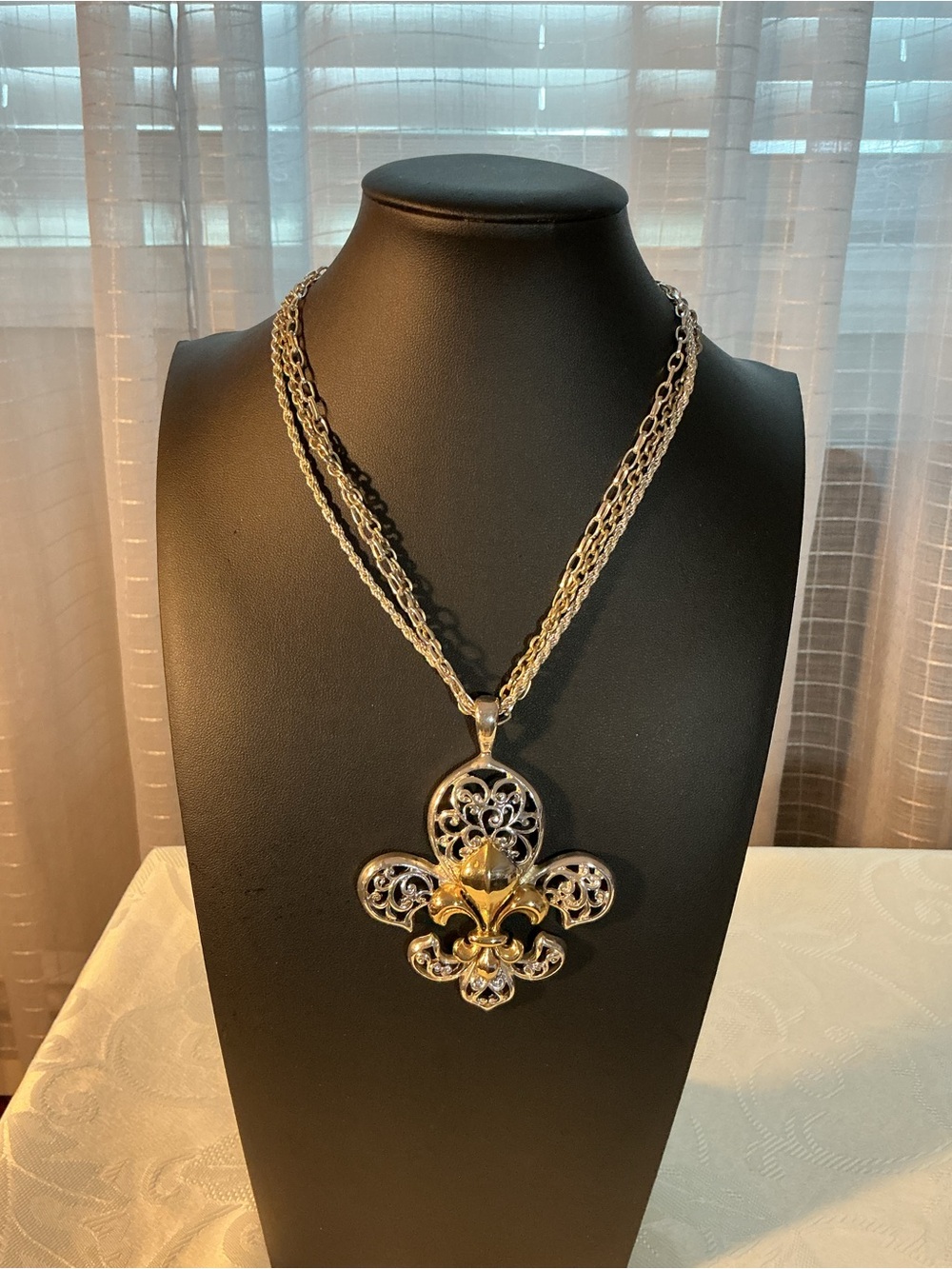Two-Tone Fleur de Lis Triple Strand Silver Gold and Silver Pendant Necklace